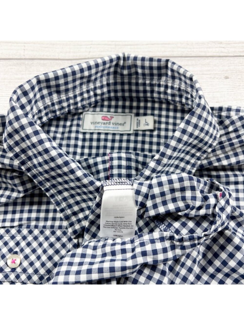 Vineyard Vines Boys Navy White Gingham Long Sleeve Performance Shirt L 14 - Picture 2 of 3